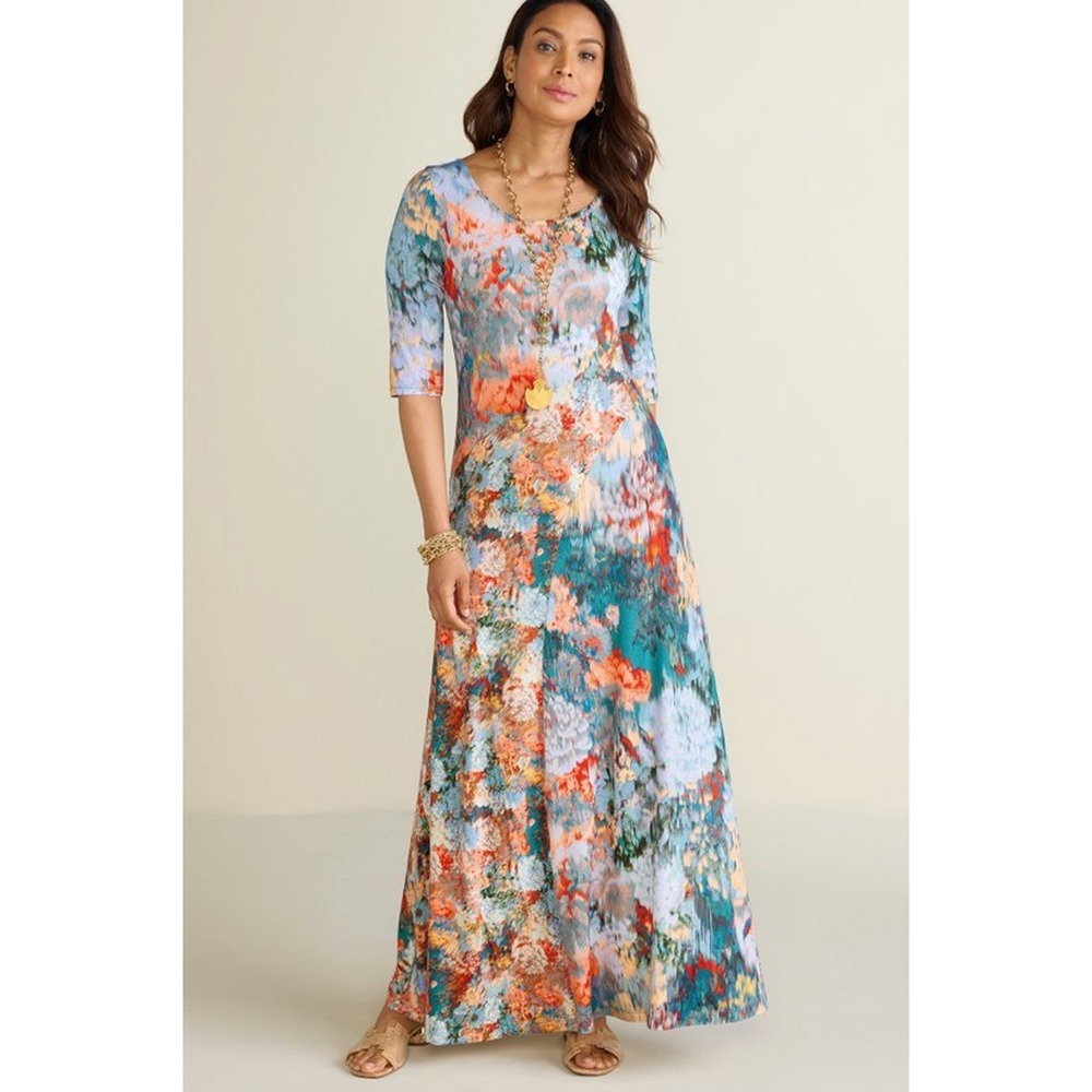 Soft Surroundings Nanette Maxi Dress 1X Watercolor Floral Print 3/4 Sleeve